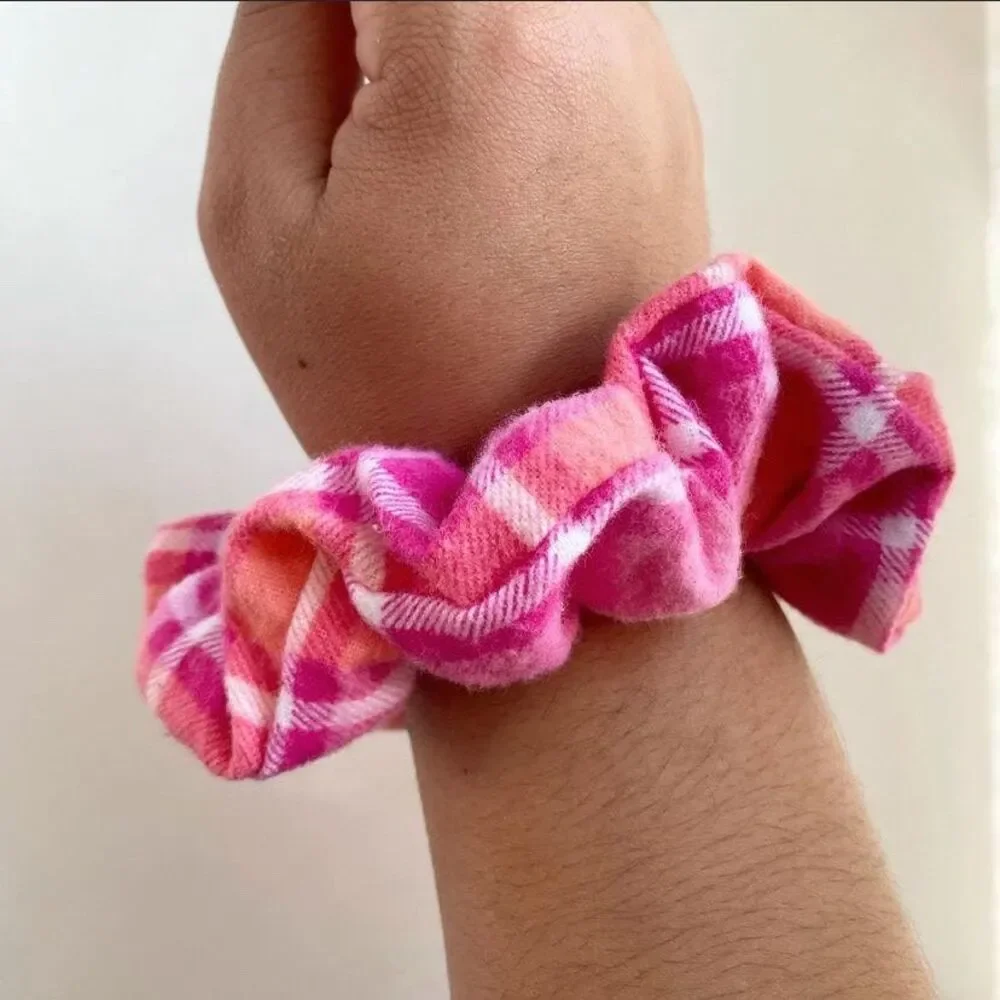 Pink Orange Spring Gingham Scrunchies Sustainable Handmade Hair Accessories